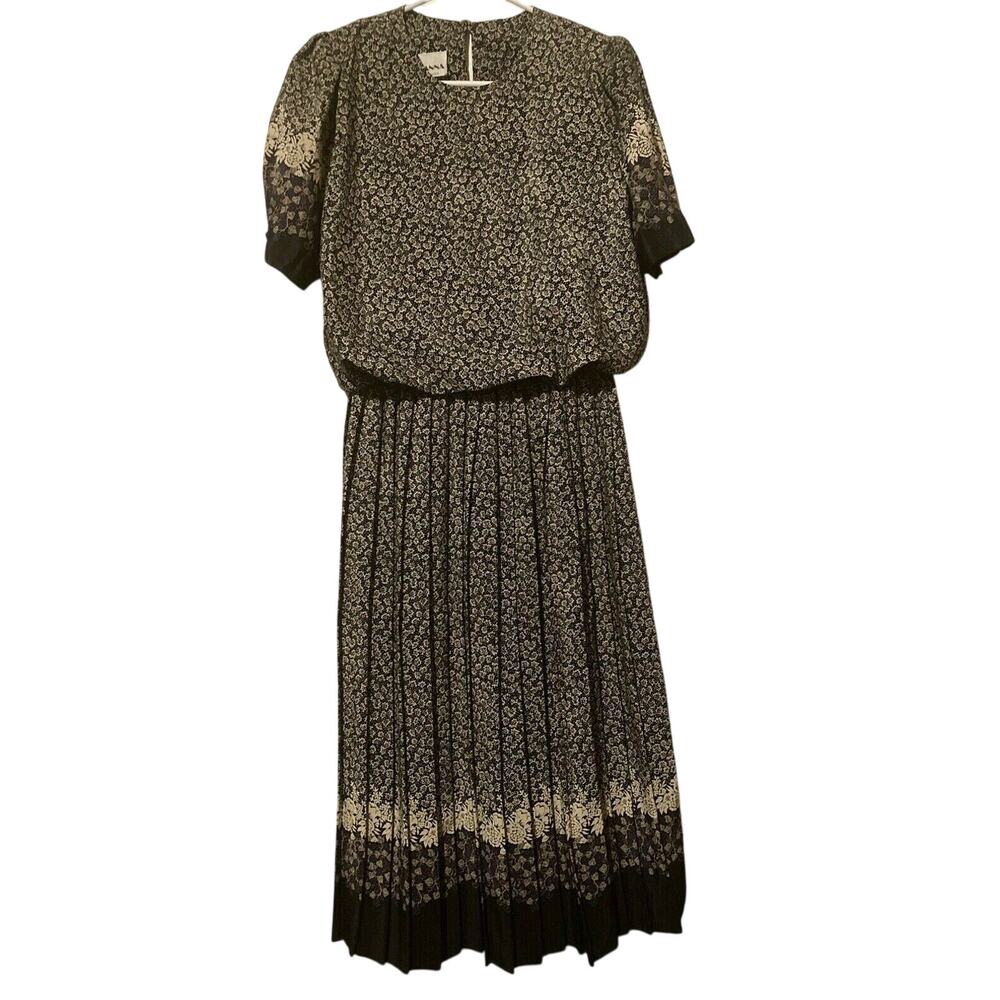 VTG Evanna Womens Black Taupe Purple Floral Accordian Skirt Blouson Dress Medium
